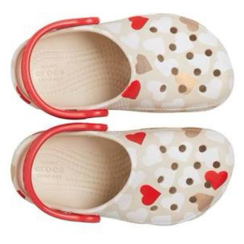 Crocs Classic Kids Clogs Heart Print Cream Red Gold Size C6